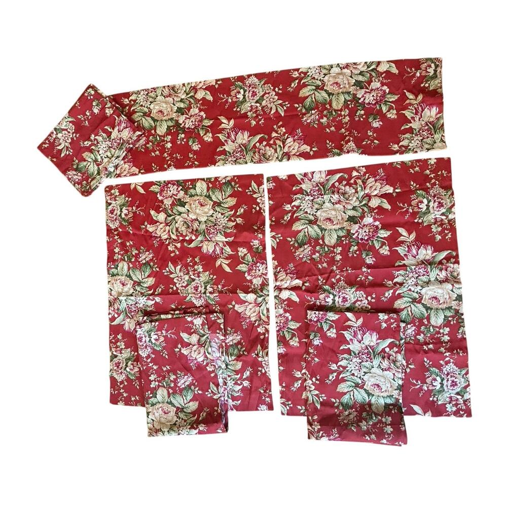 Waverly Traditions 4 Curtain Panels & 2 valences Floral Red ballad bouquet style